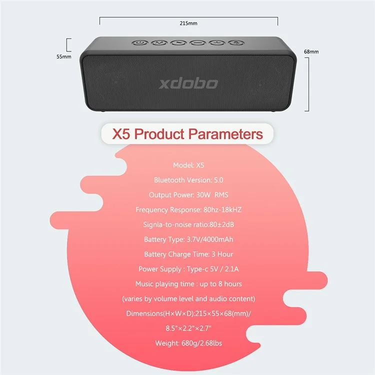 XDOBO X5 Portable 30W Bluetooth-compatible Speaker Wireless Outdoor Waterproof AUX/TF Card Music Subwoofer