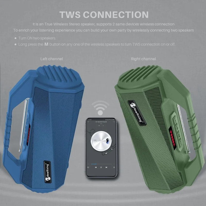 NEWRIXING NR4025 Wireless Bluetooth-compatible Speaker Portable TWS Speaker 10W Stereo Sound Amp Support TF Card/FM - Green