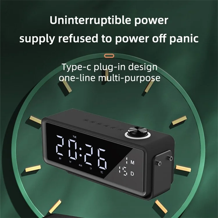 K5 Rechargeable Bluetooth Speaker Music Loudspeaker with LED Digital Alarm Clock Support TF Card / FM Radio (CE Certificated) - Black