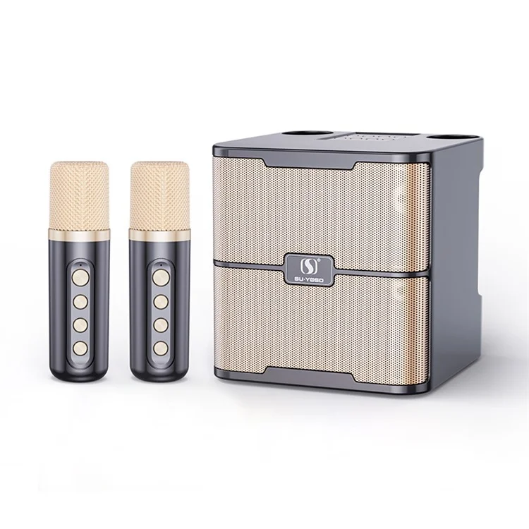 YS-213 Portable Speaker Bluetooth-compatible Sound Speaker with 2 Wireless Microphones Support Rechargeable for Indoor Outdoor Singing - Grey