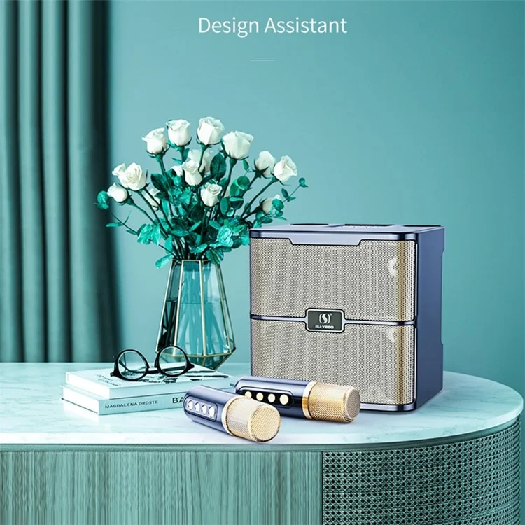 YS-213 Portable Speaker Bluetooth-compatible Sound Speaker with 2 Wireless Microphones Support Rechargeable for Indoor Outdoor Singing - Grey