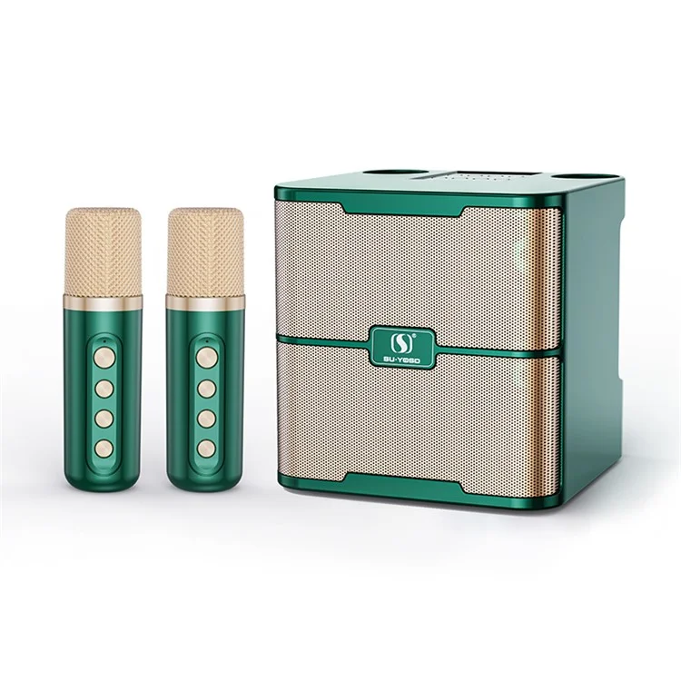 YS-213 Portable Speaker Bluetooth-compatible Sound Speaker with 2 Wireless Microphones Support Rechargeable for Indoor Outdoor Singing - Green