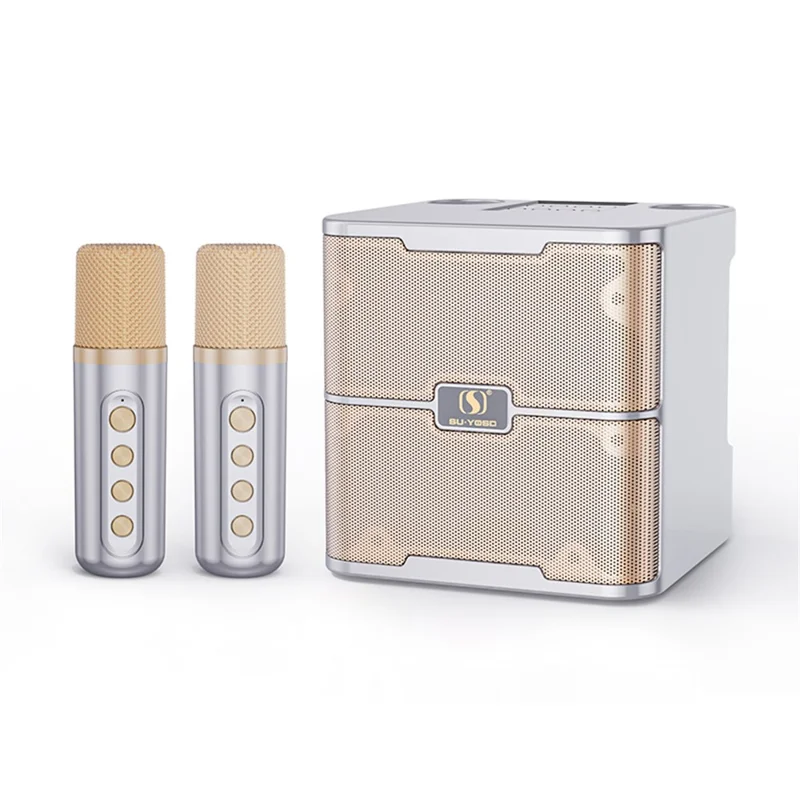 YS-213 Portable Speaker Bluetooth-compatible Sound Speaker with 2 Wireless Microphones Support Rechargeable for Indoor Outdoor Singing - Gold