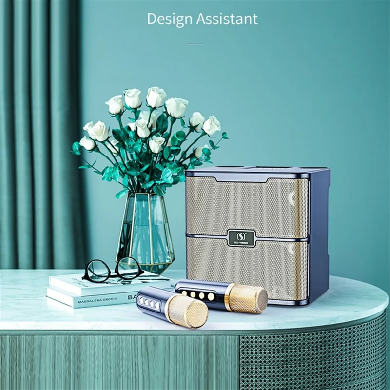 YS-213 Portable Speaker Bluetooth-compatible Sound Speaker with 2 Wireless Microphones Support Rechargeable for Indoor Outdoor Singing - Gold