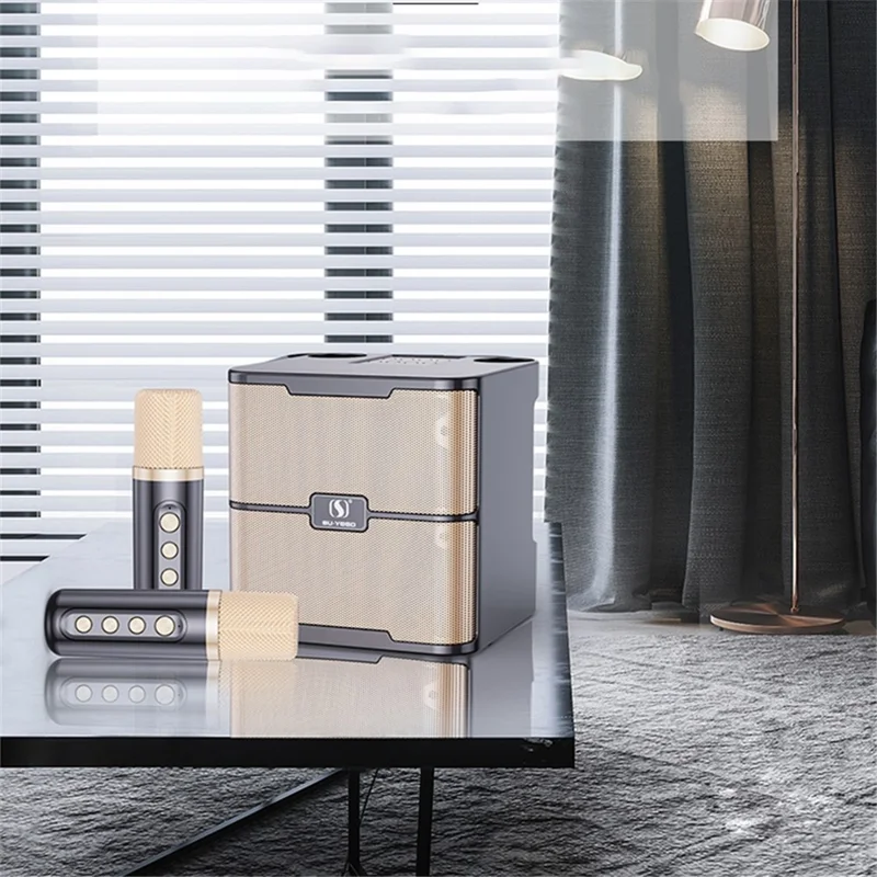 YS-213 Portable Speaker Bluetooth-compatible Sound Speaker with 2 Wireless Microphones Support Rechargeable for Indoor Outdoor Singing - Gold