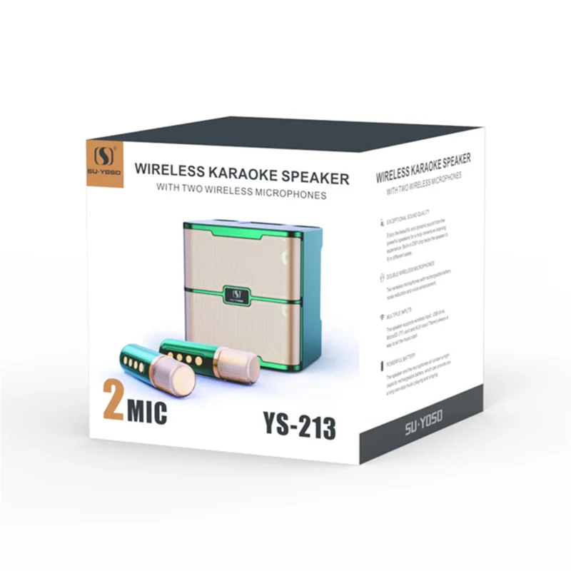 YS-213 Portable Speaker Bluetooth-compatible Sound Speaker with 2 Wireless Microphones Support Rechargeable for Indoor Outdoor Singing - Gold