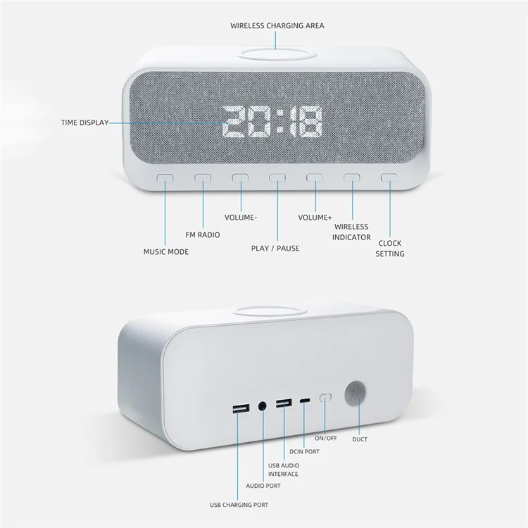 CYBORIS Bluetooth-compatible Speaker 15W Wireless Charger with LED Clock Alarm Function FM Radio Subwoofer