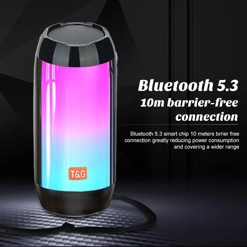 T&G TG643 Tragbare Bluetooth-kompatible Säulenlautsprecher, kabellose, wasserdichte Lautsprecher, Subwoofer, Outdoor-Bass-Lautsprecher mit LED-Licht (CE-zertifiziert) - Schwarz