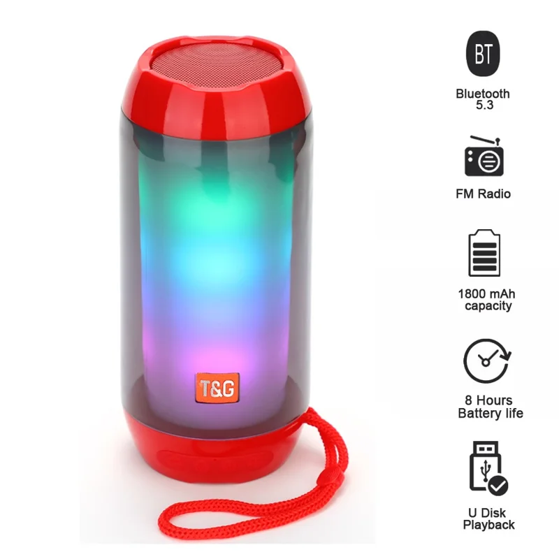 T&G TG643 Portable Bluetooth-compatible Column Speaker Wireless Waterproof Speaker Subwoofer Outdoor Bass Loudspeaker with LED Light (CE Certified) - Red