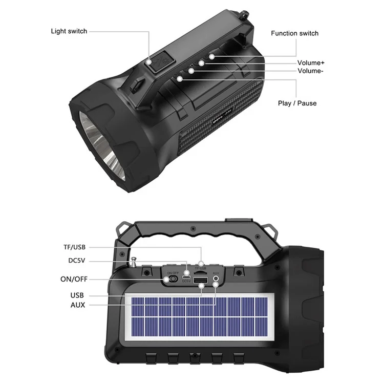 BDL-235 Portable Outdoor Solar Rechargeable Bluetooth-compatible Speaker LED Flashlight FM Radio Wireless Music Subwoofer Support TF / U-disk / AUX - Blue