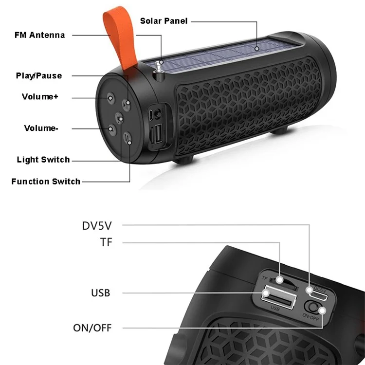 DV-215 Portable Outdoor Solar Rechargeable Bluetooth-compatible Speaker LED Flashlight FM Radio Wireless Music Subwoofer Support TF / U-disk - Blue