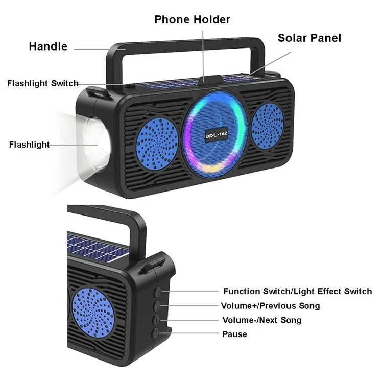 Enceinte Bluetooth solaire BDL-162 avec anneau lumineux coloré Portable Outdoor Sport Fitness Haut-parleur sans fil avec caisson de graves - Rouge