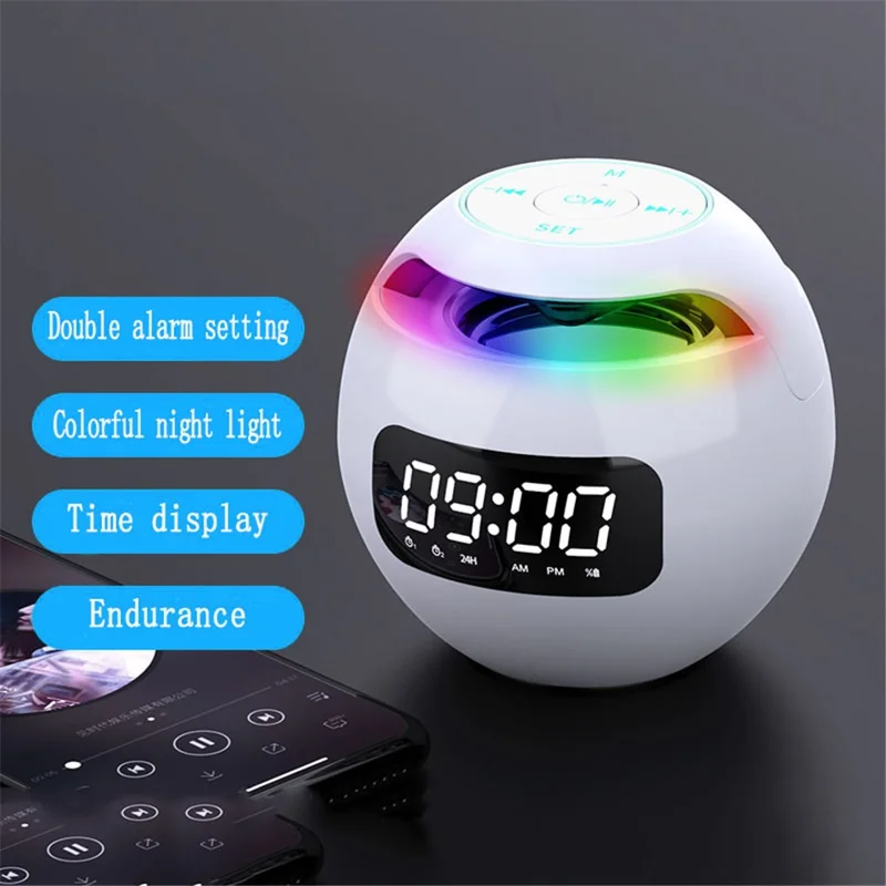 G-90Q Portable Wireless Bluetooth-compatible Speaker Ball Shape Alarm Clock FM Radio Smart Subwoofer (English / Sensing Version) - White