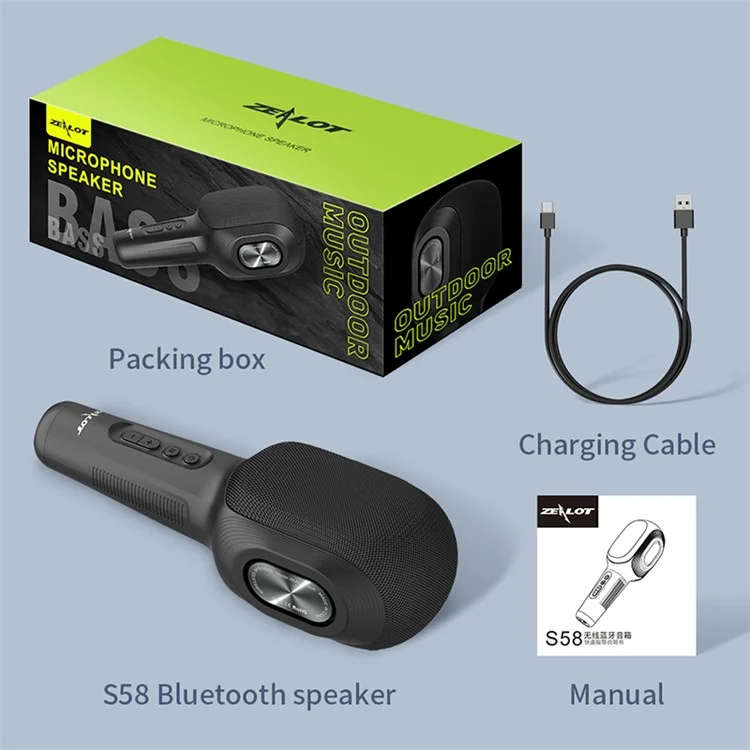 ZEALOT S58 Wireless Bluetooth-compatible Karaoke Microphone Rechargeable Home KTV Party Handheld Mic Speaker - Black