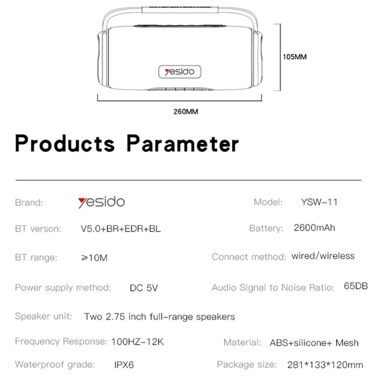 YESIDO YSW-11 Wireless Bluetooth-compatible Speaker for Home, Outdoor Portable Subwoofer Speaker