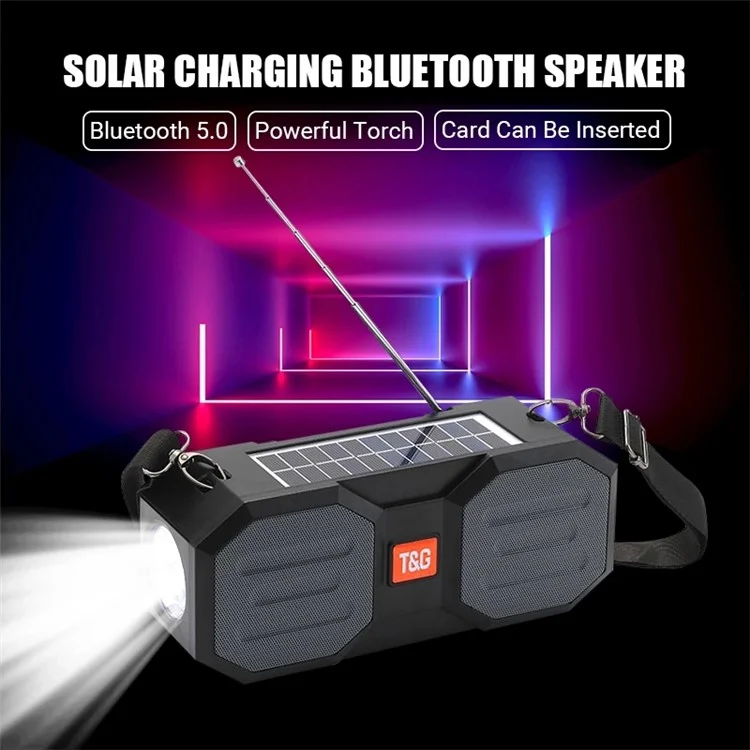 T&G TG634 Solar Aufladbar Bluetooth Lautsprecher Outdoor Kabellos FM Radio Stereo Subwoofer mit LED Taschenlampe - Grau