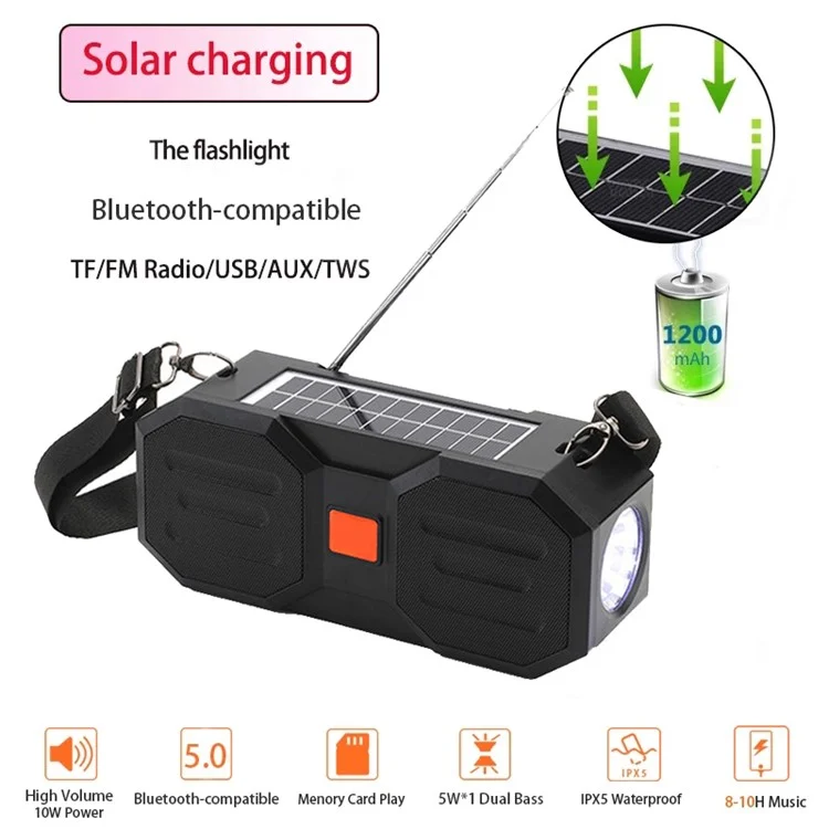 T&G TG634 Solar Aufladbar Bluetooth Lautsprecher Outdoor Kabellos FM Radio Stereo Subwoofer mit LED Taschenlampe - Grau