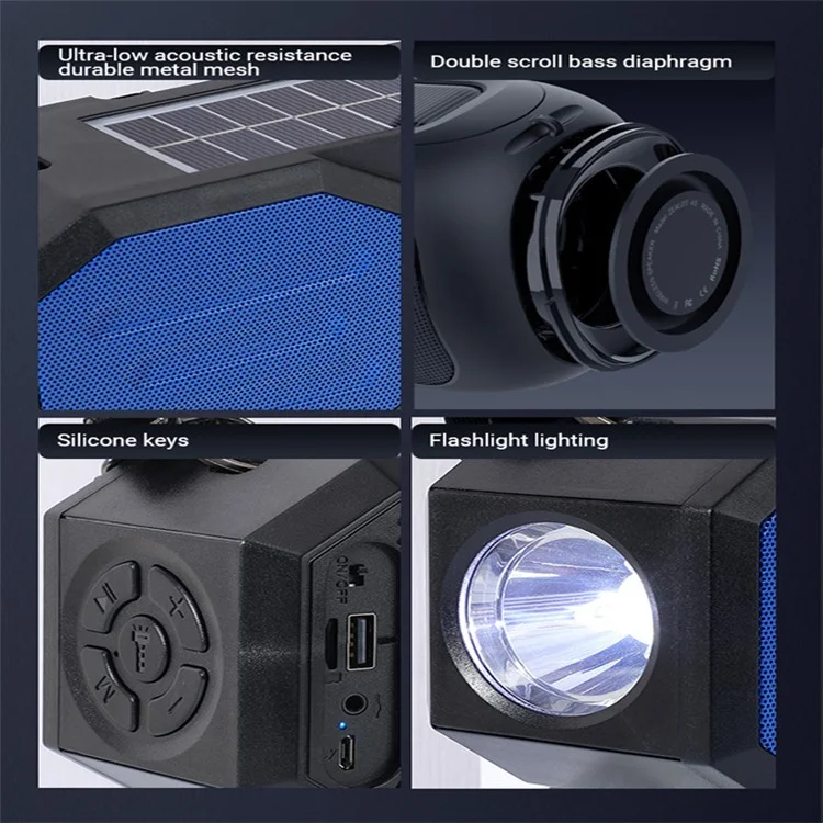 T&G TG634 Solar Aufladbar Bluetooth Lautsprecher Outdoor Kabellos FM Radio Stereo Subwoofer mit LED Taschenlampe - Grau