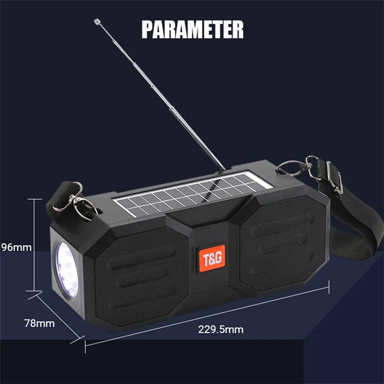 T&G TG634 Solar Aufladbar Bluetooth Lautsprecher Outdoor Kabellos FM Radio Stereo Subwoofer mit LED Taschenlampe - Grau