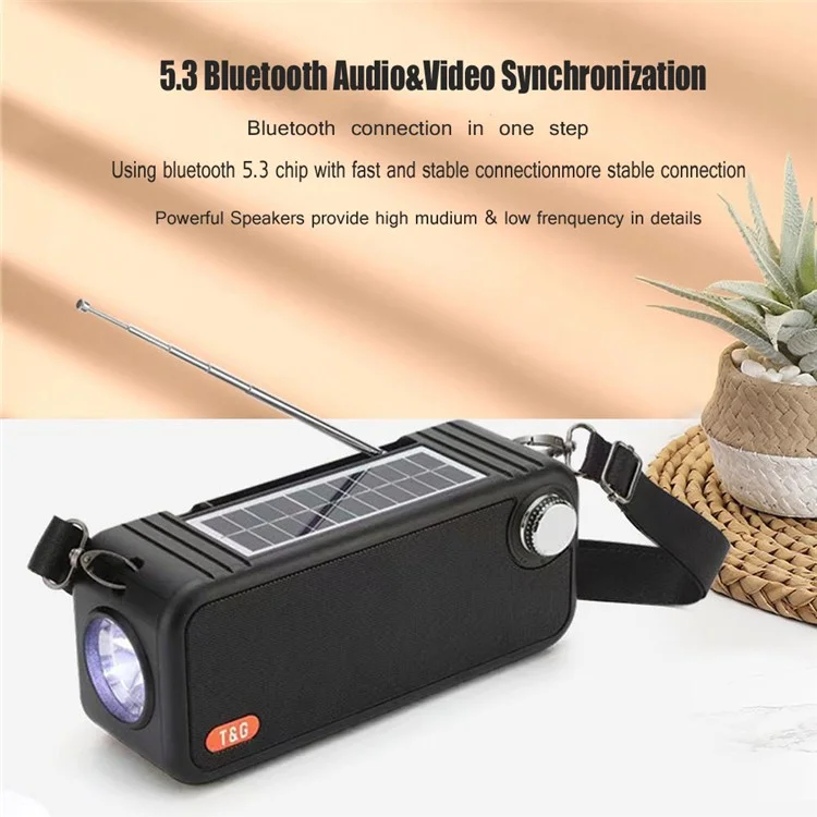 T&G TG637 Солнечная аккумуляторная Bluetooth-колонка для улицы Радио FM Карта TF Стереофонический сабвуфер с LED-фонариком - Черный