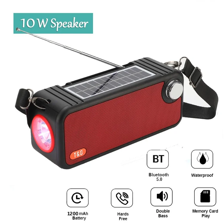 T&G TG637 Солнечная аккумуляторная Bluetooth-колонка для улицы Радио FM Карта TF Стереофонический сабвуфер с LED-фонариком - Черный