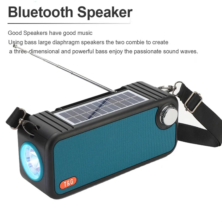 T&G TG637 Солнечная аккумуляторная Bluetooth-колонка для улицы Радио FM Карта TF Стереофонический сабвуфер с LED-фонариком - Черный