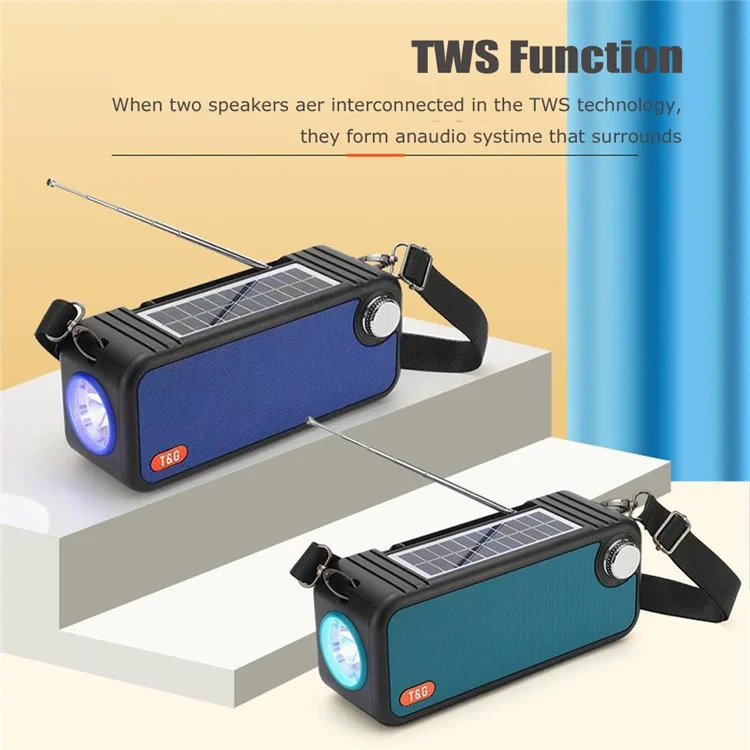 T&G TG637 Солнечная аккумуляторная Bluetooth-колонка для улицы Радио FM Карта TF Стереофонический сабвуфер с LED-фонариком - Черный