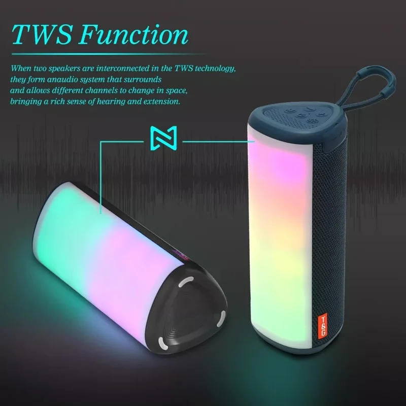 T&G TG357 Portable Wireless Bluetooth-compatible Speaker Outdoor TWS Stereo Subwoofer with RGB Light - Grey