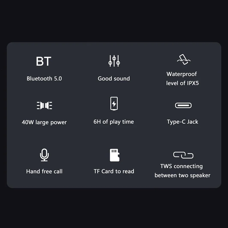 X5 Portable Rechargeable Bluetooth Speaker 40W Waterproof Outdoor TWS Wireless Stereo Subwoofer - Black