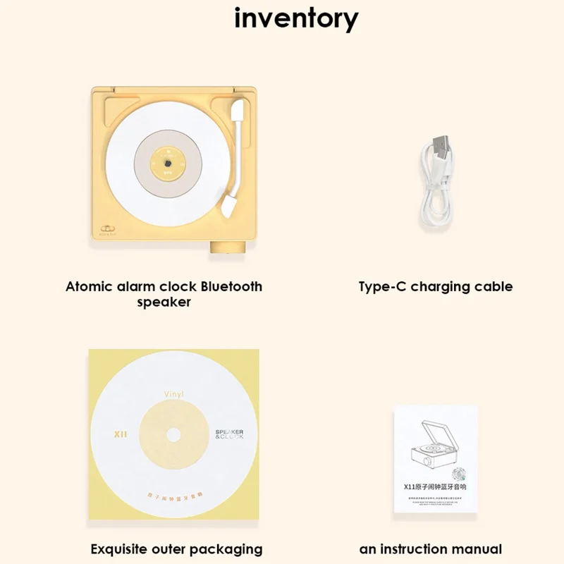 X11 Lecteur de disques vinyle avec horloge, tourne-disque, stéréo rétro, haut-parleur compatible Bluetooth - Jaune