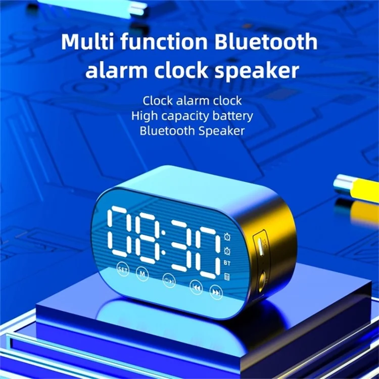 s15 Mirror Bluetooth 5.0 Speaker Bass Stereo Subwoofer LED Digital Dual Alarm Clocks with FM Radio External TF Card - White