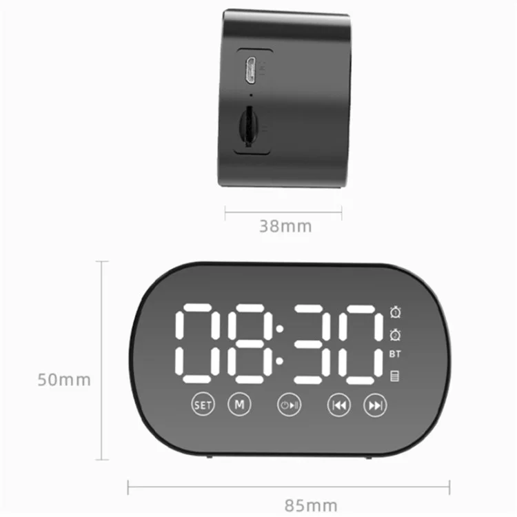 s15 Mirror Bluetooth 5.0 Speaker Bass Stereo Subwoofer LED Digital Dual Alarm Clocks with FM Radio External TF Card - White