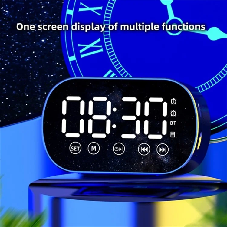 s15 Mirror Bluetooth 5.0 Speaker Bass Stereo Subwoofer LED Digital Dual Alarm Clocks with FM Radio External TF Card - White