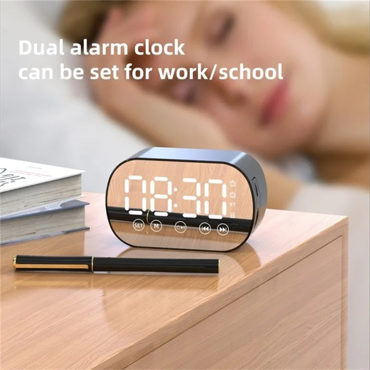 s15 Mirror Bluetooth 5.0 Speaker Bass Stereo Subwoofer LED Digital Dual Alarm Clocks with FM Radio External TF Card - White