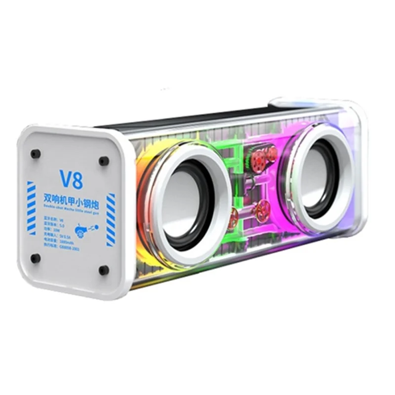 V8 Transparent Mecha Music Speaker Bluetooth-compatible 5.0 Wireless Subwoofer with RGB Light - White