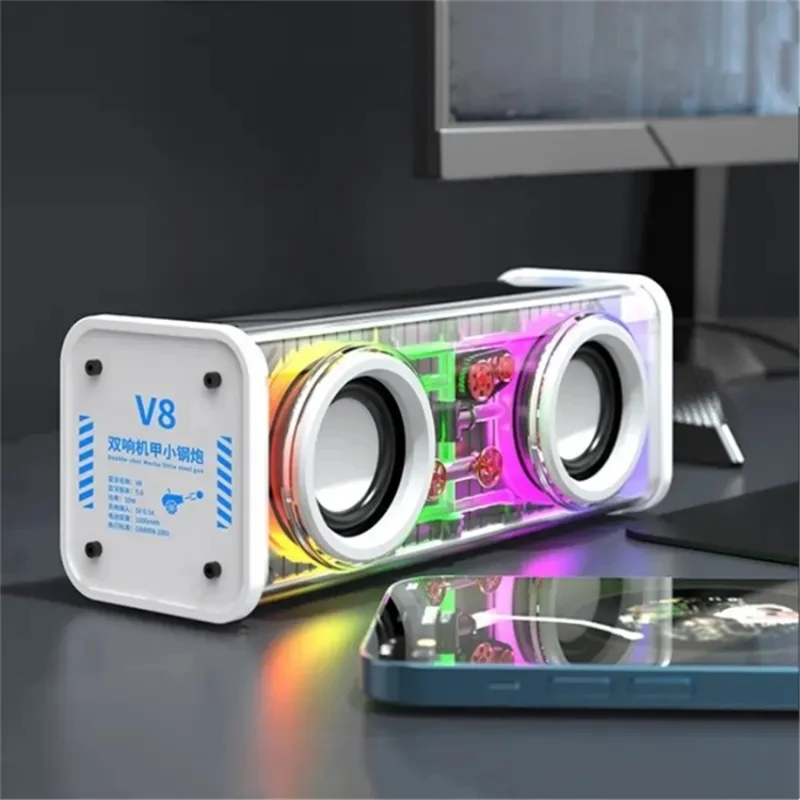 V8 Transparent Mecha Music Speaker Bluetooth-compatible 5.0 Wireless Subwoofer with RGB Light - White