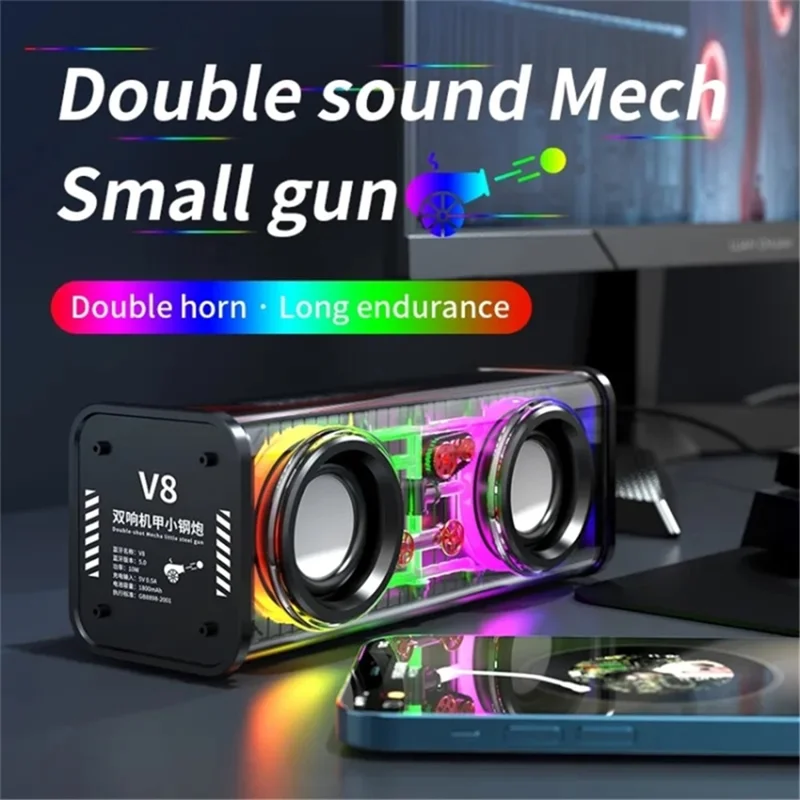V8 Transparent Mecha Music Speaker Bluetooth-compatible 5.0 Wireless Subwoofer with RGB Light - White