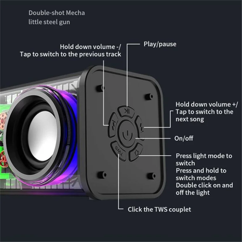 V8 Transparent Mecha Music Speaker Bluetooth-compatible 5.0 Wireless Subwoofer with RGB Light - White