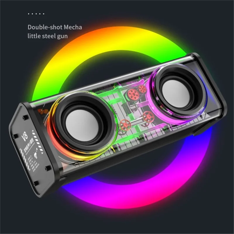 V8 Transparent Mecha Music Speaker Bluetooth-compatible 5.0 Wireless Subwoofer with RGB Light - White