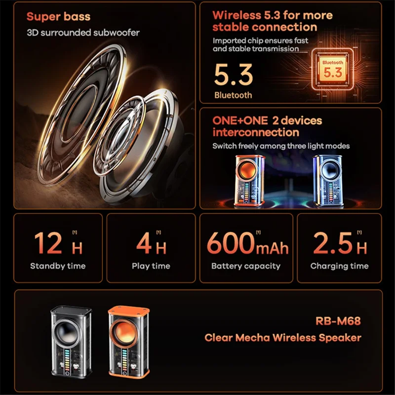 REMAX RB-M68 Clear Mecha Wireless Speaker Portable Mini 3D Subwoofer Bluetooth-compatible Speaker - Orange