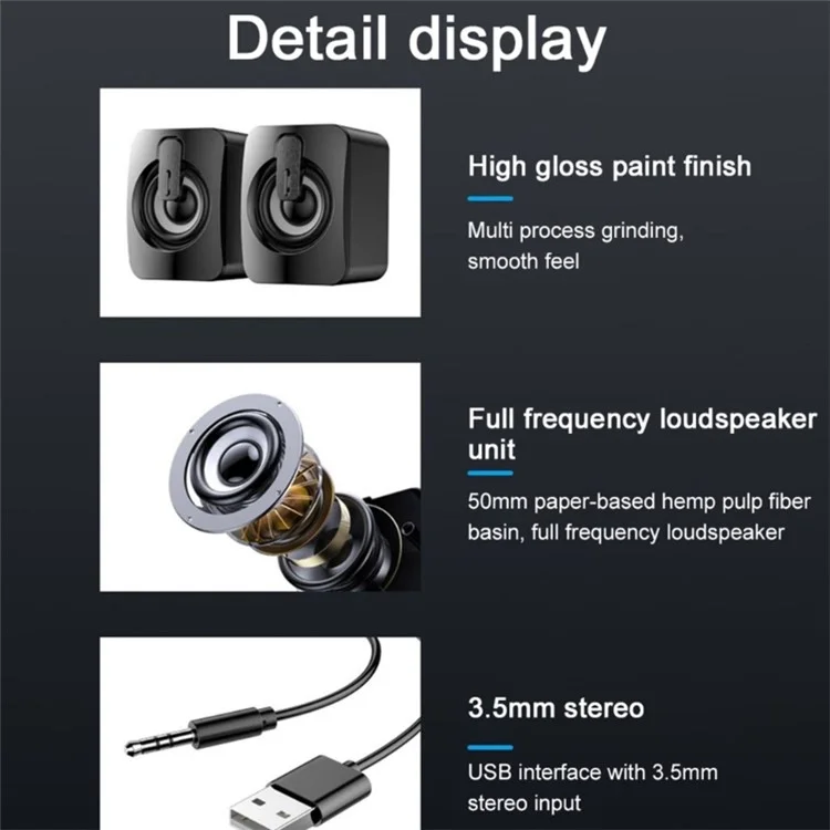 2PCS A2 Mini USB Wired Desktop Speaker Computer Laptop Volume Adjustable Subwoofer with Colorful Light