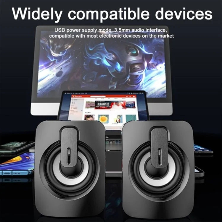 2PCS A2 Mini USB Wired Desktop Speaker Computer Laptop Volume Adjustable Subwoofer with Colorful Light