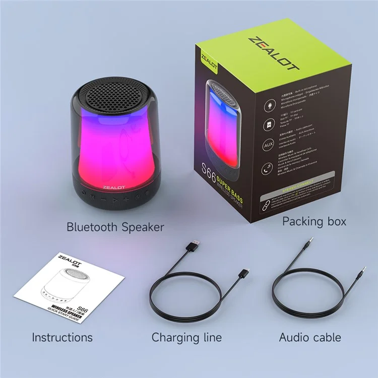 Caixa de Som Bluetooth 5.2 Sem Fio ZEALOT S66 com Luz RGB Colorida e Subwoofer Estéreo HiFi