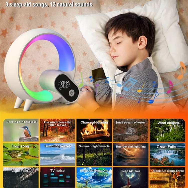 RGBW Atmosphere Light APP Remote Control Bluetooth-compatible Speaker Digital Alarm Clock White Noise Music Player - White