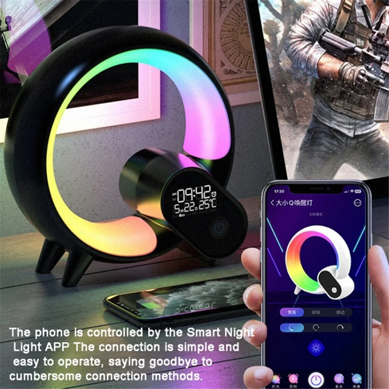 RGBW Atmosphere Light APP Remote Control Bluetooth-compatible Speaker Digital Alarm Clock White Noise Music Player - Black