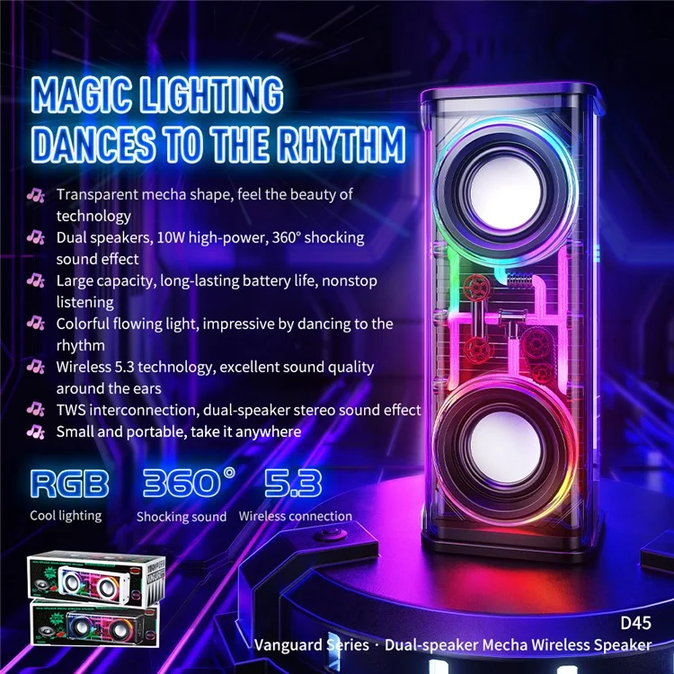 Wekome D45 Bluetooth 5.3 Dual Horn Mecha Speaker RGB Light Wireless Subwoofer Music Player Player - Preto