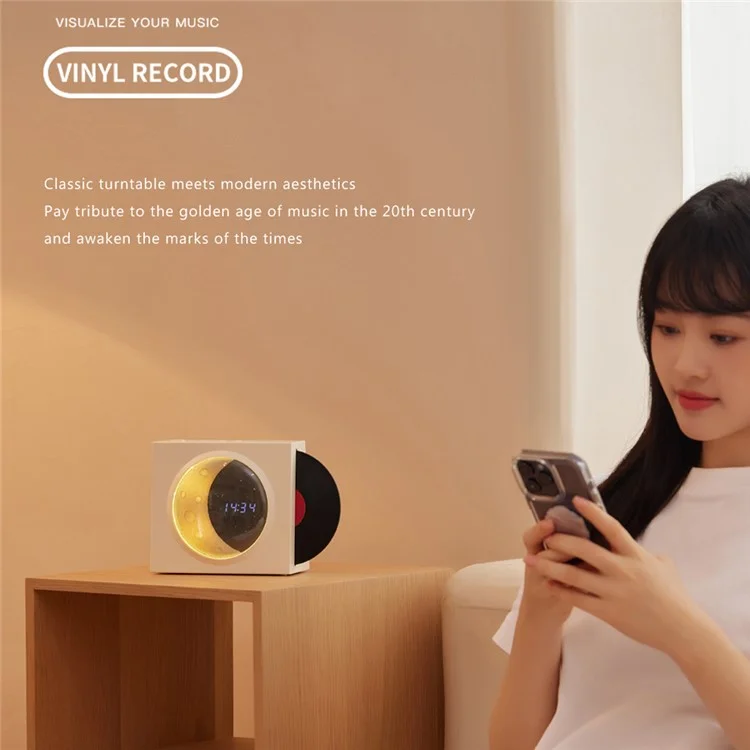 X09 Vinyle Plate Moon Style Alarm Clock Bluetooth-compatible Speaker Stereo Sound Wireless Subwoofer - White