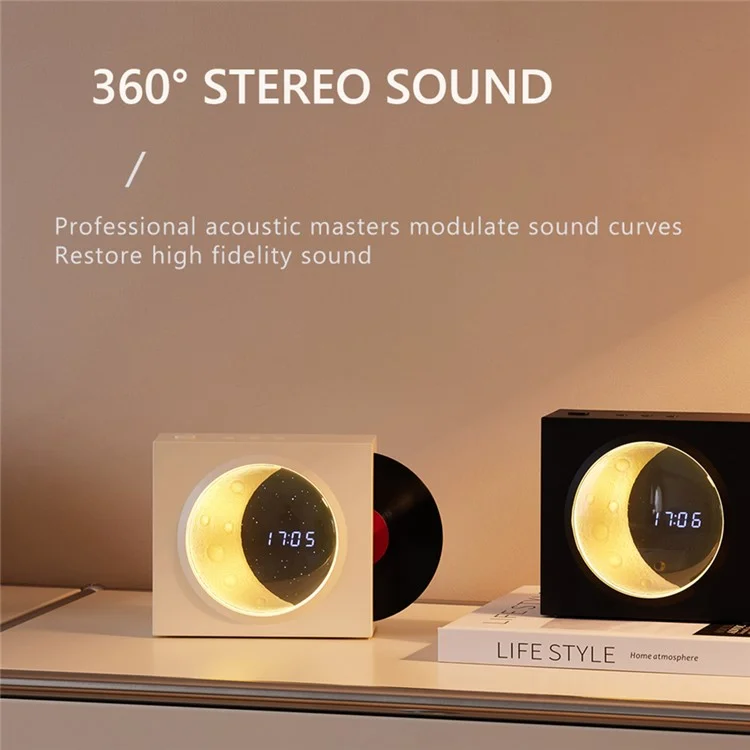 X09 Vinyle Plate Moon Style Alarm Clock Bluetooth-compatible Speaker Stereo Sound Wireless Subwoofer - White