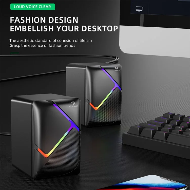 DARK ALIEN 1 Pair Mini USB Wired Desktop Speaker Computer Laptop Subwoofer with RGB Light - S-511