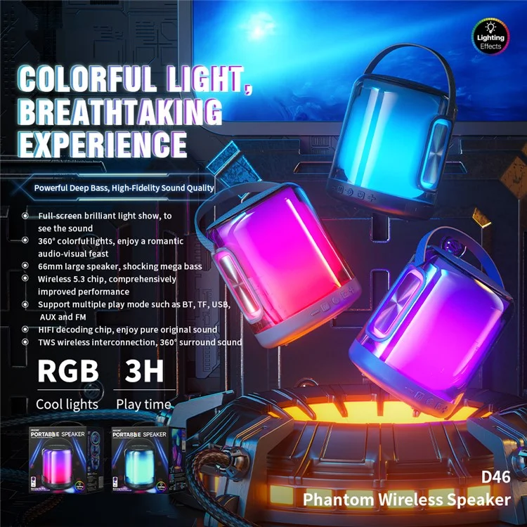 WEKOME D46 Vanguard Series Haut-parleur Bluetooth portable à lumière colorée sans fil Caisson de graves stéréo - Gris